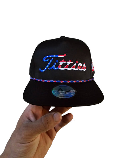 USA Titties Golf Snapback Black with Black Laser American Flag - One Size fits All