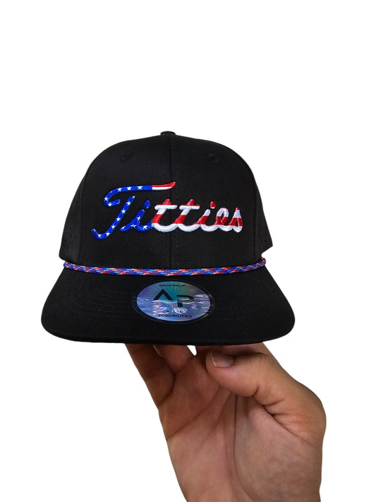 USA Titties Golf Snapback Black Cotton with Black Laser 6 Panel Hat No American Flag - One Size fits All