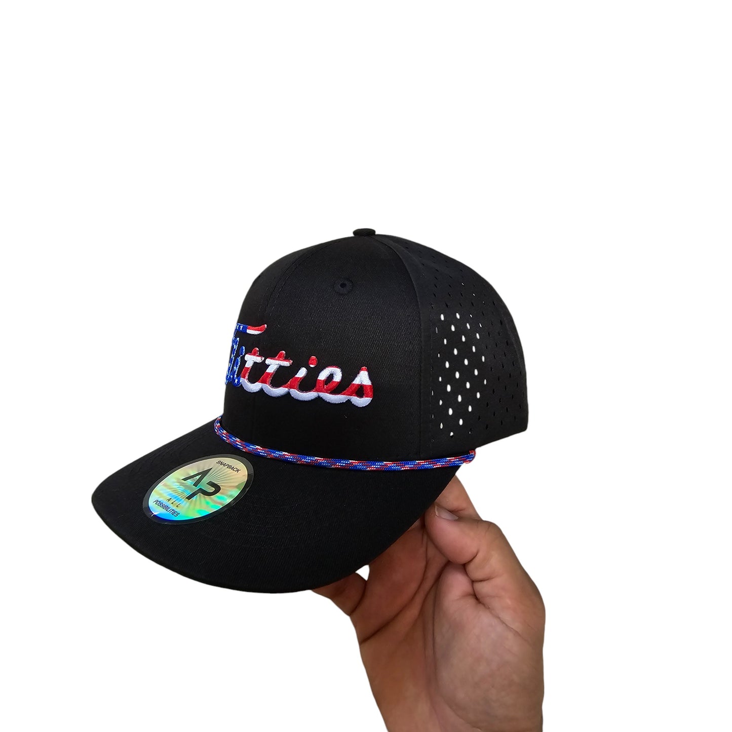 USA Titties Golf Snapback Black Cotton with Black Laser 6 Panel Hat No American Flag - One Size fits All