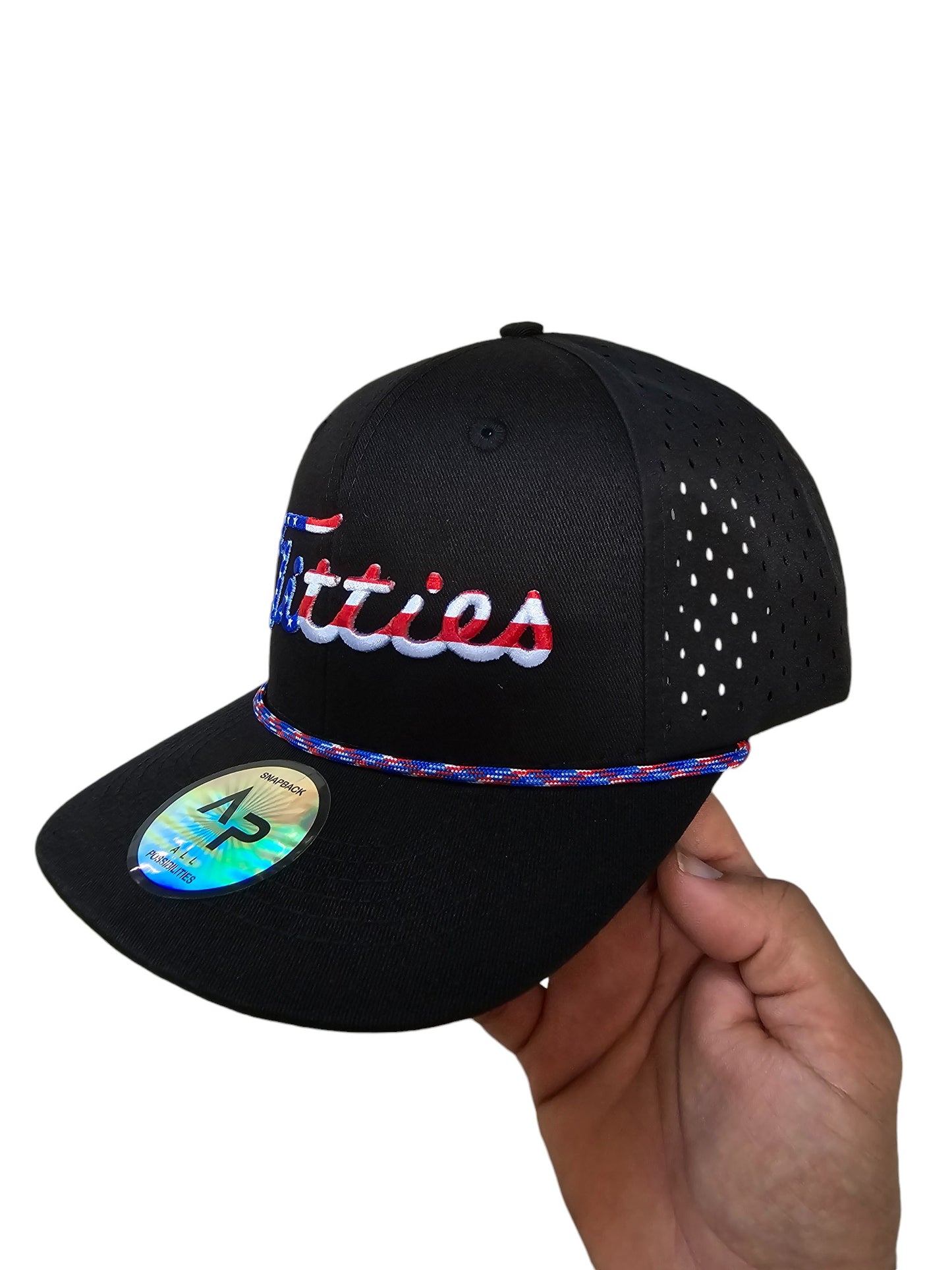 USA Titties Golf Snapback Black Cotton with Black Laser 6 Panel Hat No American Flag - One Size fits All