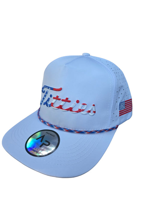 USA Titties Golf Snapback White with White Laser American Flag - One Size fits All