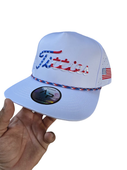 USA Titties Golf Snapback White with White Laser American Flag - One Size fits All