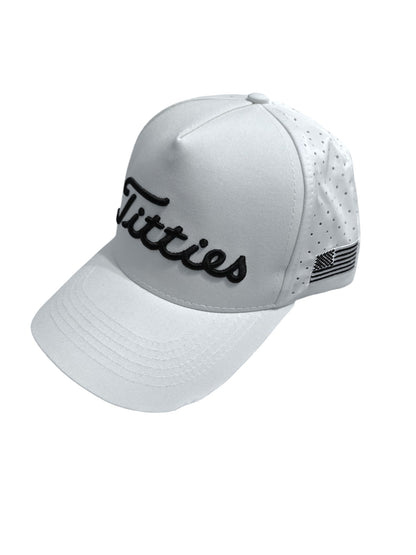 USA Titties Golf Snapback White Cotton with White Laser Black American Flag - One Size fits All